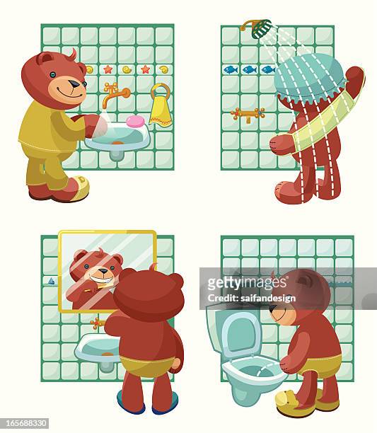 illustrazioni stock, clip art, cartoni animati e icone di tendenza di orsacchiotto serie: igiene personale. - water sink fun