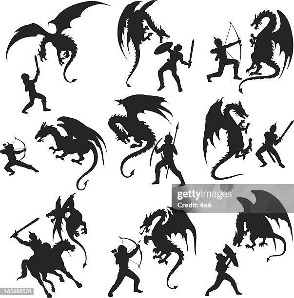 ilustraciones, imágenes clip art, dibujos animados e iconos de stock de caballeros que luchan con dragons - dragón