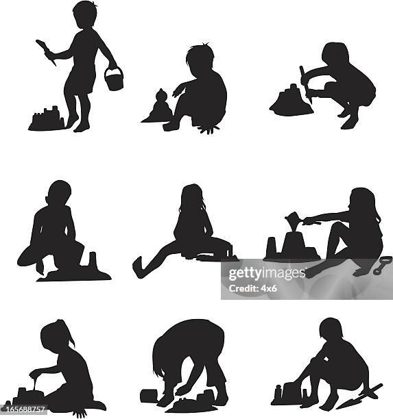 kids playing with sand - boy crouching stock illustrations