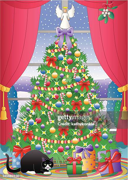 christmas tree and cat - cat tree room stock illustrations