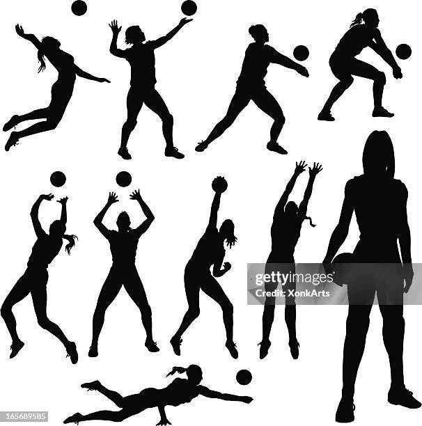 ilustraciones, imágenes clip art, dibujos animados e iconos de stock de siluetas de voleibol - volleyball sport