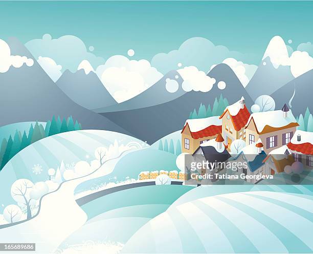 winter village in the mountains - snowy hill stock illustrations