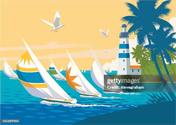stockillustraties, clipart, cartoons en iconen met colourful yachts sailing the tropics and a lighthouse - spinnaker