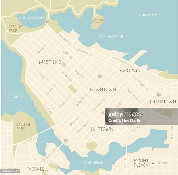 downtown vancouver map (tan) - british columbia map stock illustrations