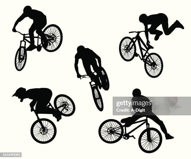 bmx tricks vector silhouette - same model different actions stock illustrations