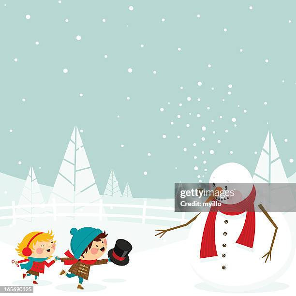 kids and snowman - snowman family stock illustrations