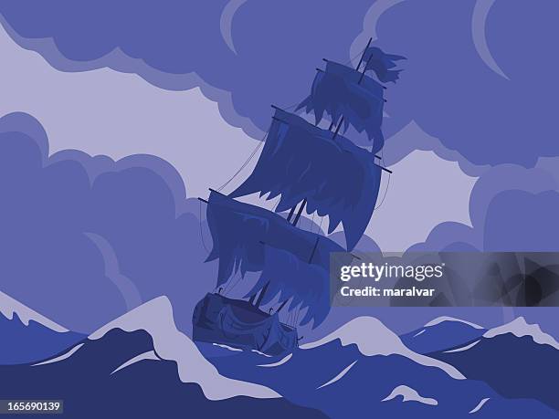 ilustraciones, imágenes clip art, dibujos animados e iconos de stock de barco de vela storm - tall ship