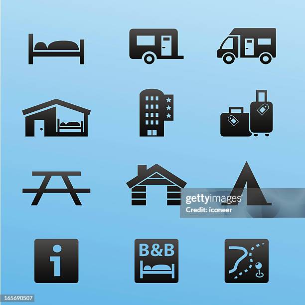 blackstyle icon set lodging and accommodation - passenger cabin stock illustrations