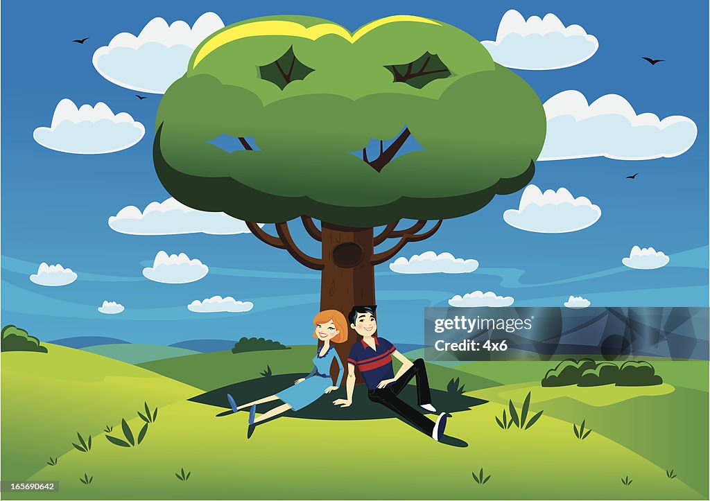 Pareja Sentados Bajo Un Árbol Ilustración de stock - Getty Images