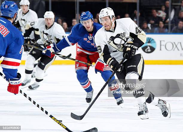 Joe Vitale of the Pittsburgh Penguins skates against the New York Rangers at Madison Square Garden on April 3, 2013 in New York City.