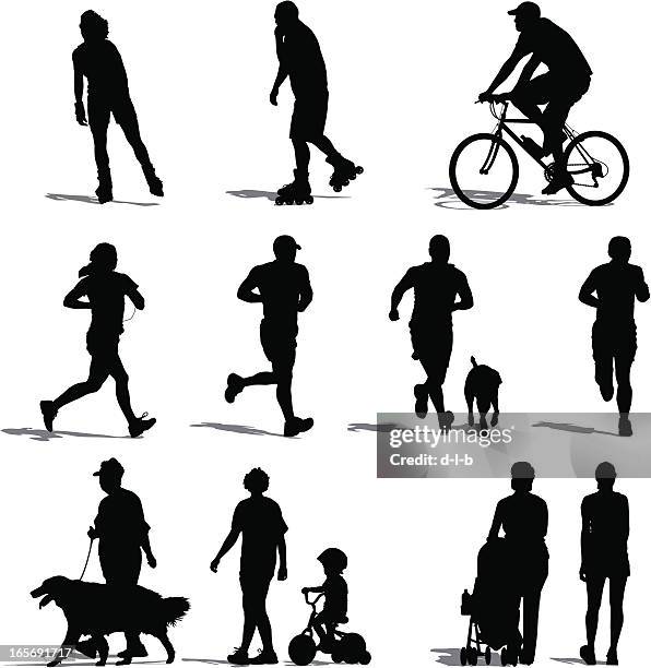 ilustraciones, imágenes clip art, dibujos animados e iconos de stock de park vistors ejercicio - dog silhouette