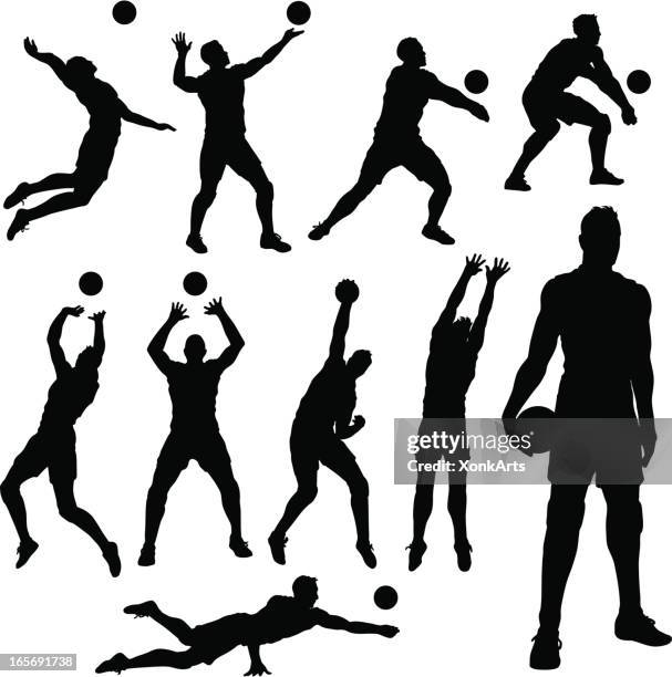 stockillustraties, clipart, cartoons en iconen met volleyball men silhouettes - volleybal