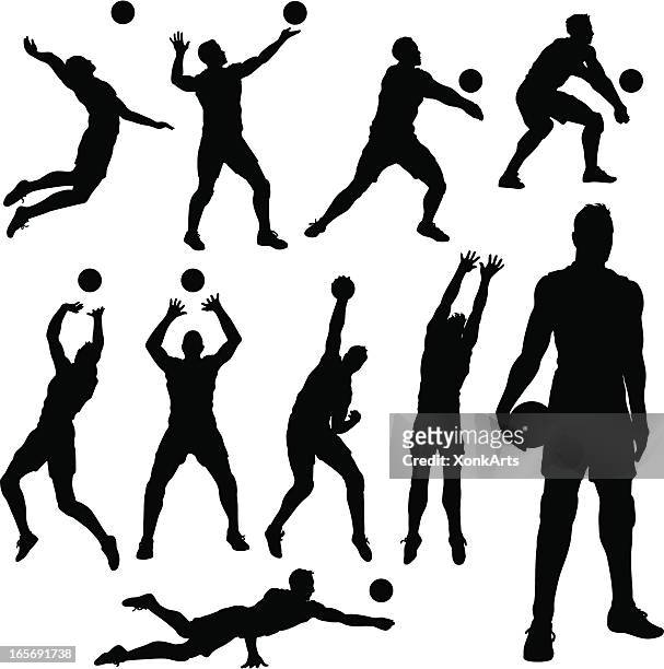 volleyball men silhouettes - blocking sports activity stock illustrations