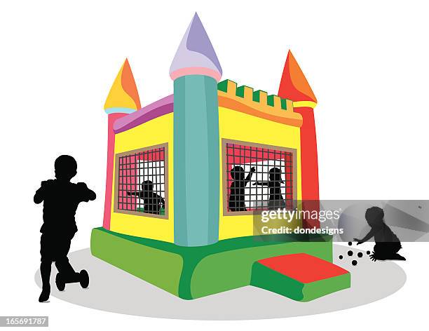 bounce house und kinder silhouette - inflatable playground stock-grafiken, -clipart, -cartoons und -symbole