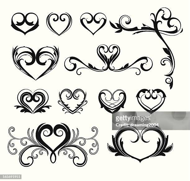 heart designs - black and white flower tattoo designs stock illustrations