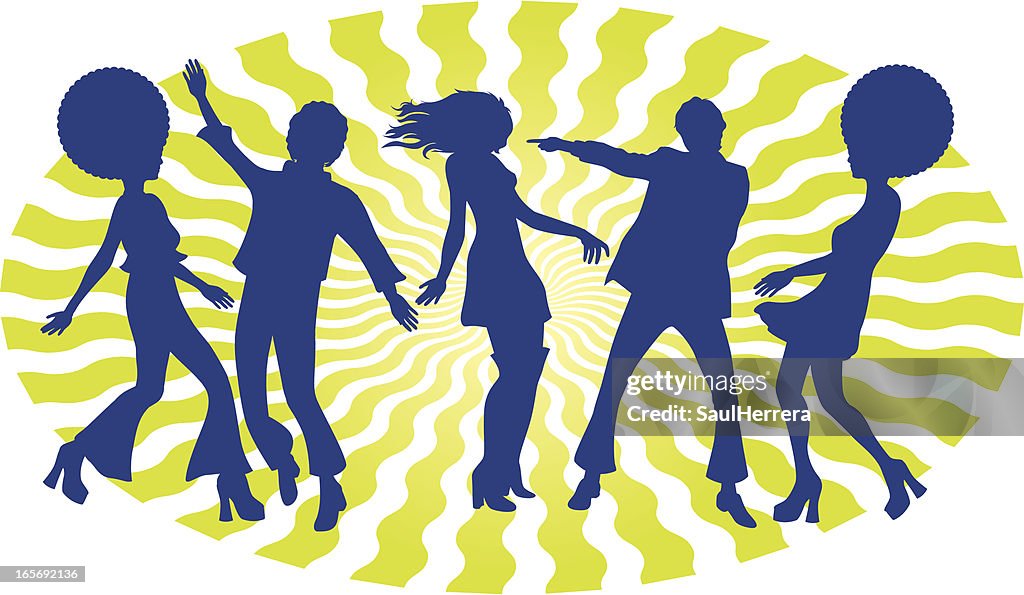 Silhouette of 5 boogie dancers with 60s hairstyle