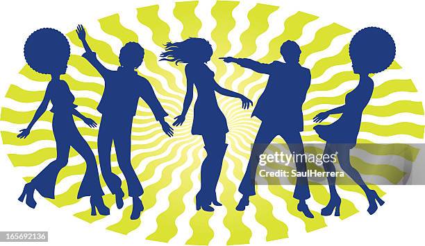 silhouette of 5 boogie dancers with 60s hairstyle - afro male work stock illustrations