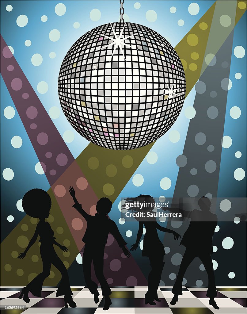 A vector image of silhouetted people at a disco