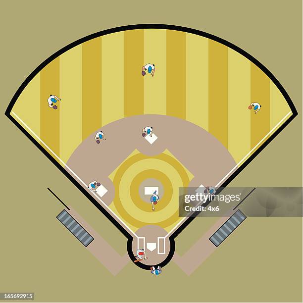 high angle view von einem baseball-spiel im gange - baseballfeld stock-grafiken, -clipart, -cartoons und -symbole