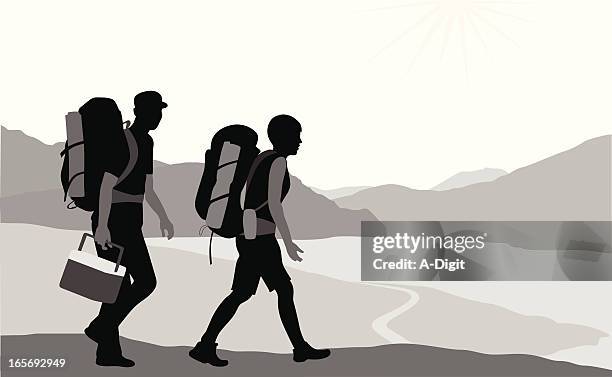 couple hiking vector silhouette - backpacking stock illustrations