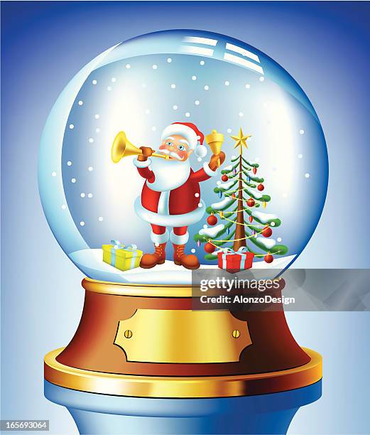 santa claus singing in a snow globe - tree shadow white stock illustrations