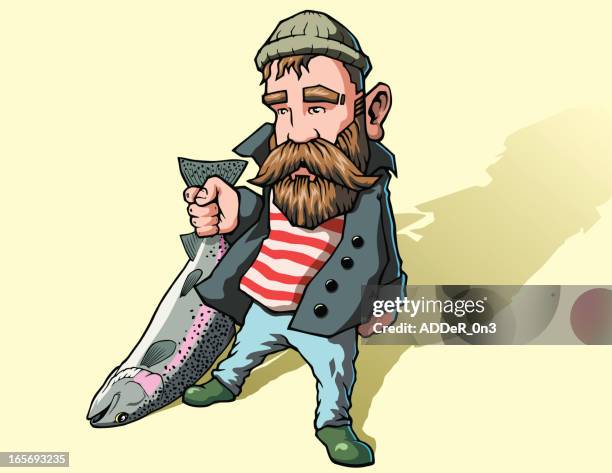 fisherman with fish - trout stock illustrations