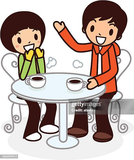 glückliches junges paar mit kaffee im café - asian couple having hi tea stock-grafiken, -clipart, -cartoons und -symbole