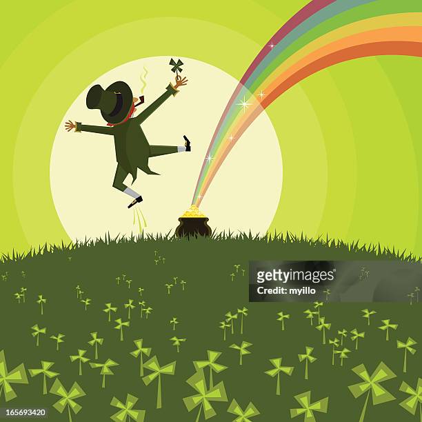 vector illustration of a leprechaun and a pot of gold - st patricks day stock illustrations