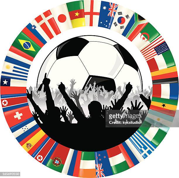 soccer logo with ball, cheering fans, and circle of flags - football team logo stock illustrations