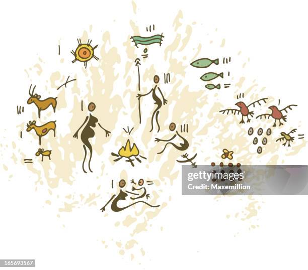 prähistorische felszeichnung oder höhlenmalerei familie am feuer - prehistoric era stock-grafiken, -clipart, -cartoons und -symbole