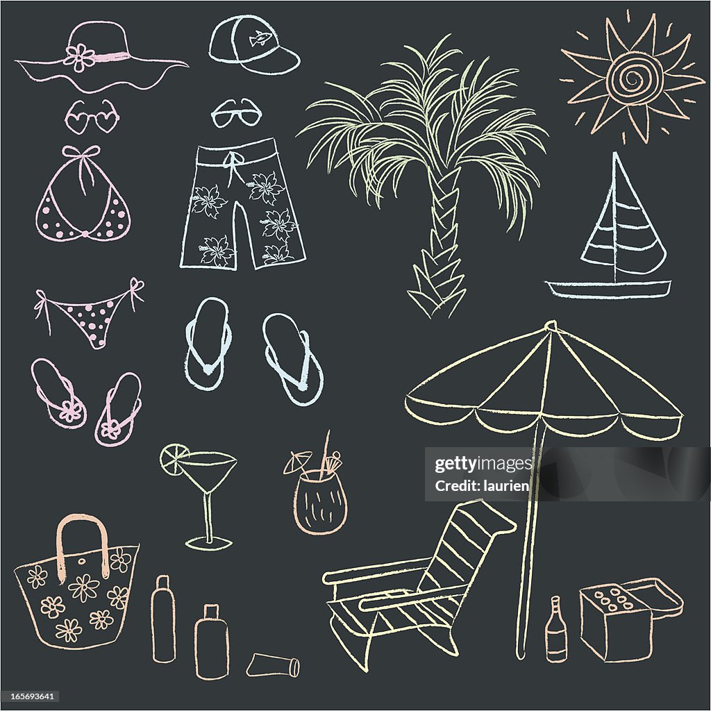 Chalk drawn doodles of adult beach gear.