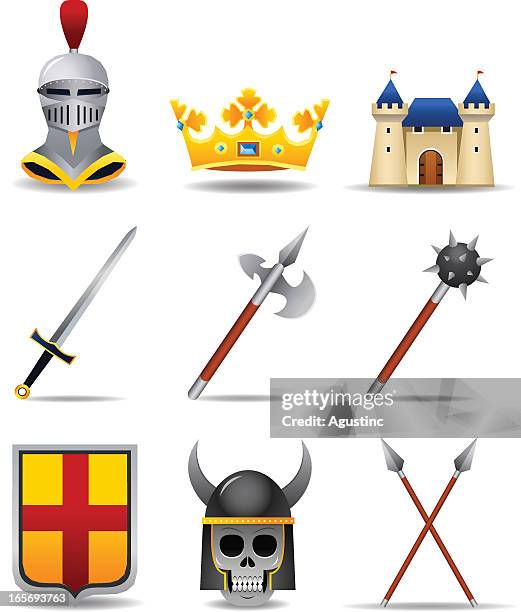 mittelalterliche set - traditioneller helm stock-grafiken, -clipart, -cartoons und -symbole