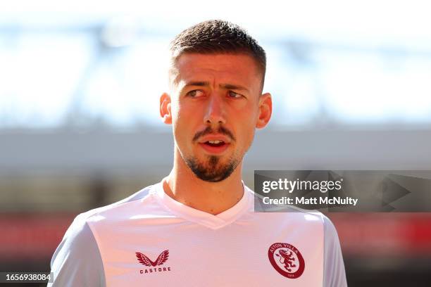 Clement Lenglet of Aston Villa warms up prior to the Premier League match between Liverpool FC and Aston Villa at Anfield on September 03, 2023 in...