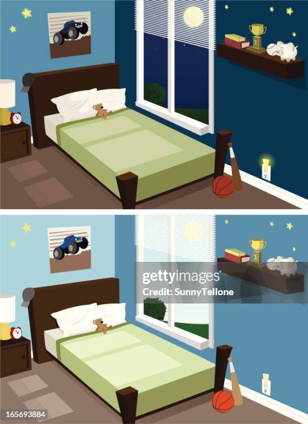 stockillustraties, clipart, cartoons en iconen met boy's room, day & night - slaapkamer