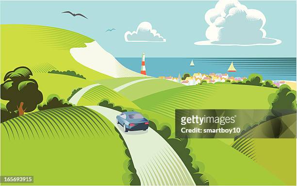 stockillustraties, clipart, cartoons en iconen met countryside scene - rijden een motorvoertuig besturen