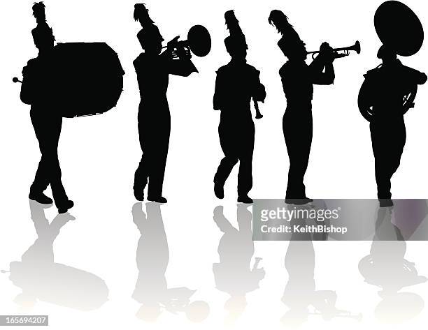 illustrazioni stock, clip art, cartoni animati e icone di tendenza di banda che marcia silhouette tromba, flauto e tamburo mellofono - marciare