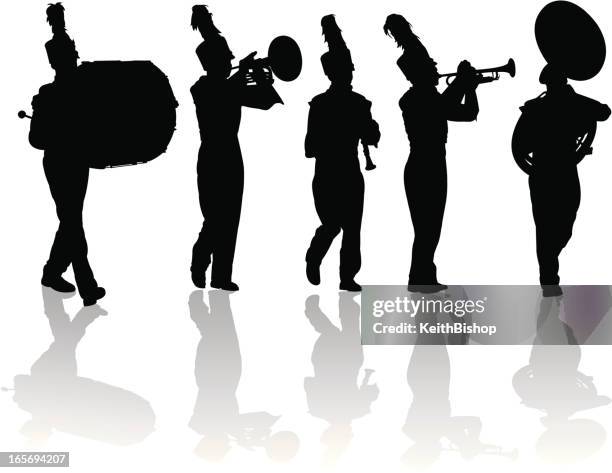 bildbanksillustrationer, clip art samt tecknat material och ikoner med marching band silhouettes trumpet, drum, flute, mellophone - underhållningsgrupp