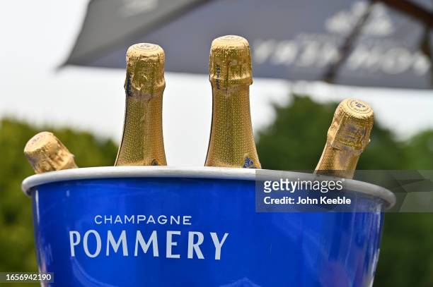 Bottles of Pommery champagne are kept cool in an ice bucket during the Salon Privé 2023 at Blenheim Palace on September 01, 2023 in Woodstock,...