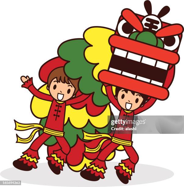 chinese new year lion dancing - singapore festival stock illustrations