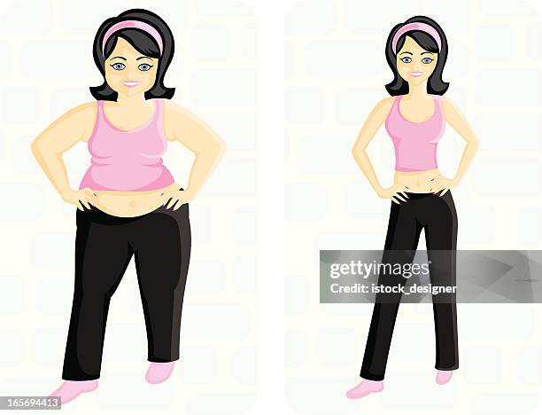 fat and slim lady concept - before and after weight loss stock illustrations