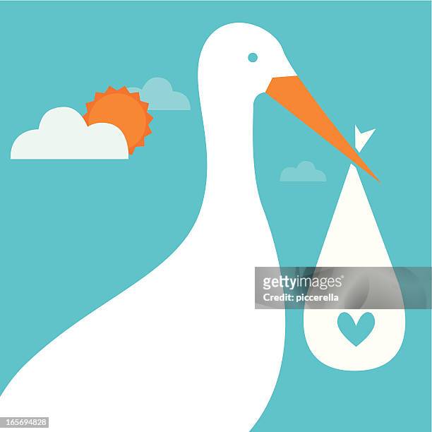 stockillustraties, clipart, cartoons en iconen met white stork with orange beak delivering love - ooievaar