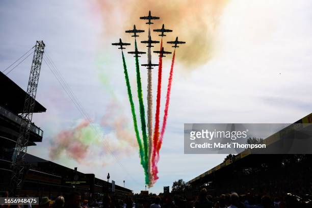 The Italian Airforce perform above the grid prior to the F1 Grand Prix of Italy at Autodromo Nazionale Monza on September 03, 2023 in Monza, Italy.
