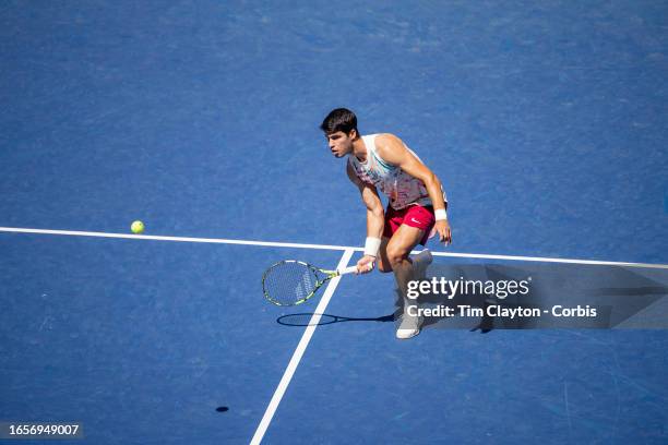 September 2: Carlos Alcaraz of Spain in action against Daniel Evans of Great Britain in the Men's Singles round three match on Arthur Ashe Stadium...