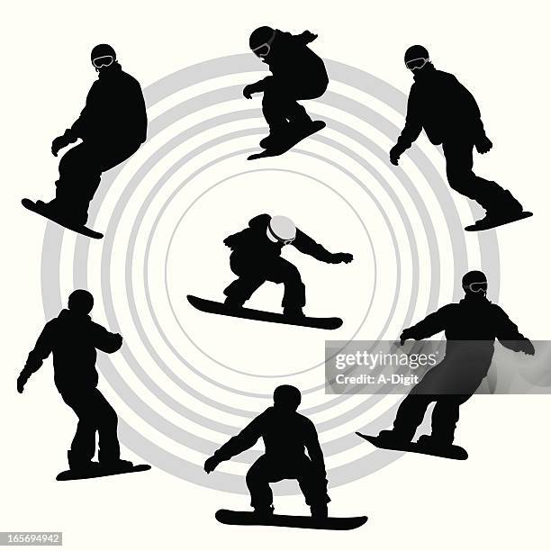 snowboarders vector silhouette - winter exercise stock illustrations