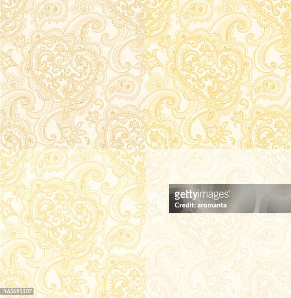 seamless pattern with paisley and heart. beige-gold color - indian paisley stock illustrations