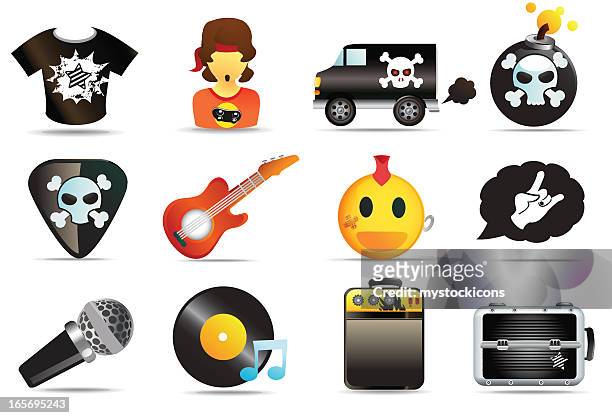 ilustraciones, imágenes clip art, dibujos animados e iconos de stock de iconos universales de música rock and roll - rock moderno