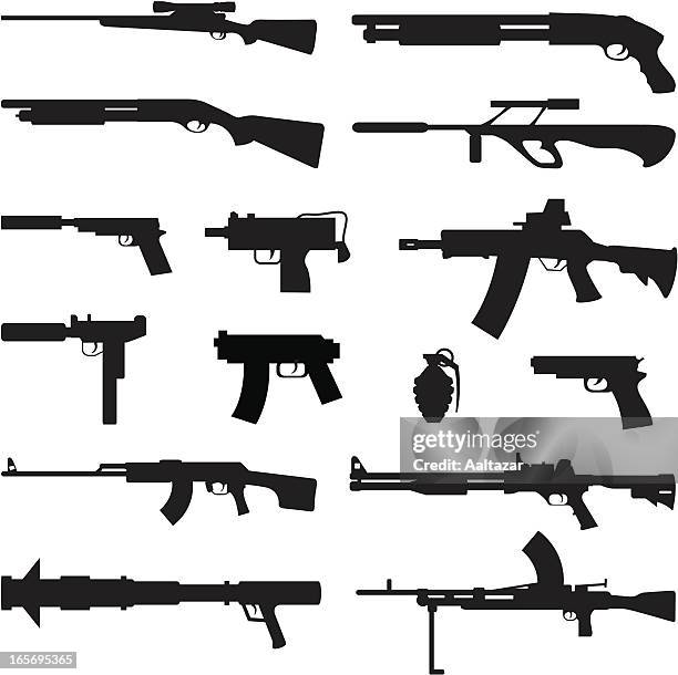 stockillustraties, clipart, cartoons en iconen met black silhouettes - guns - machinegeweer