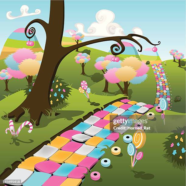 illustration of a colorful candy land paradise - cotton candy stock illustrations