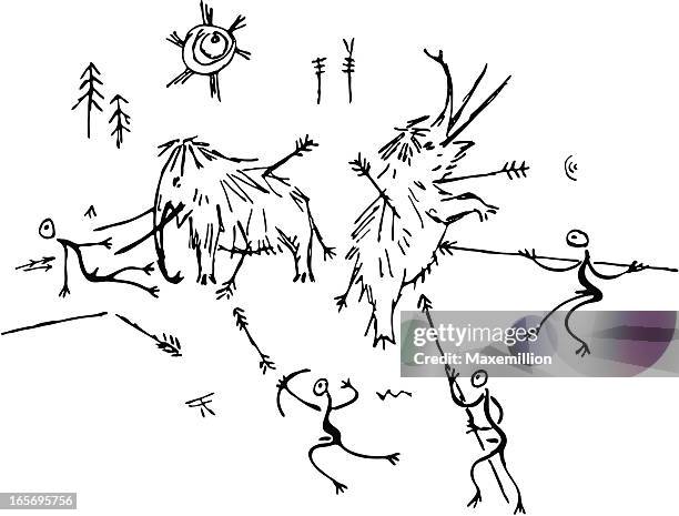 prehistoric cave painting mammoth hunt - cave painting vector stock illustrations