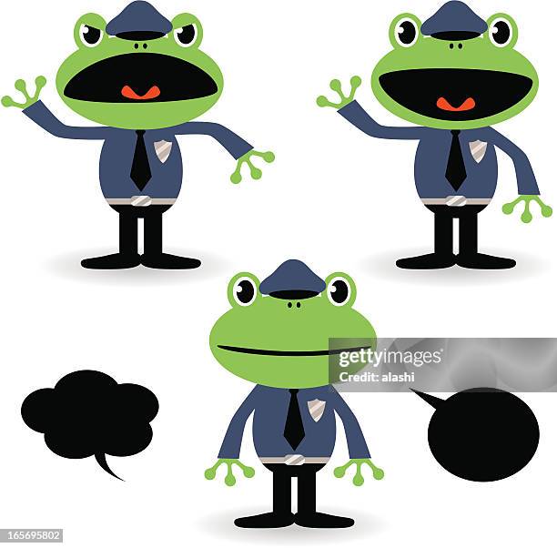 niedliche frosch polizei in verschiedene stimmungen - datenschutz grundverordnung stock-grafiken, -clipart, -cartoons und -symbole